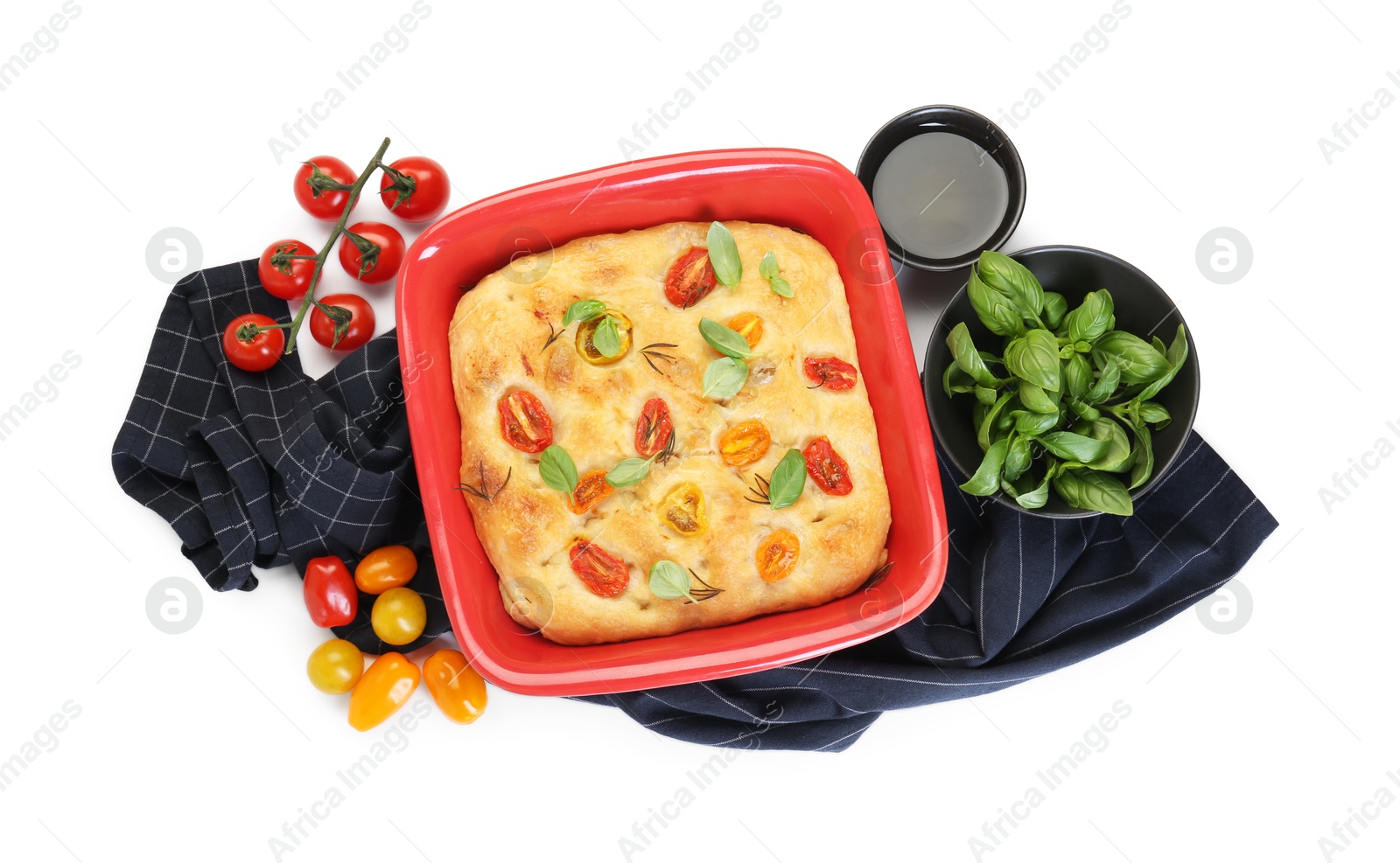 Delicious focaccia with tomatoes, basil, rosemary and oil isolated on white, top view Photo of Delicious focaccia with tomatoes, basil, rosemary and oil isolated on white, top view