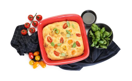 Photo of Delicious focaccia with tomatoes, basil, rosemary and oil isolated on white, top view