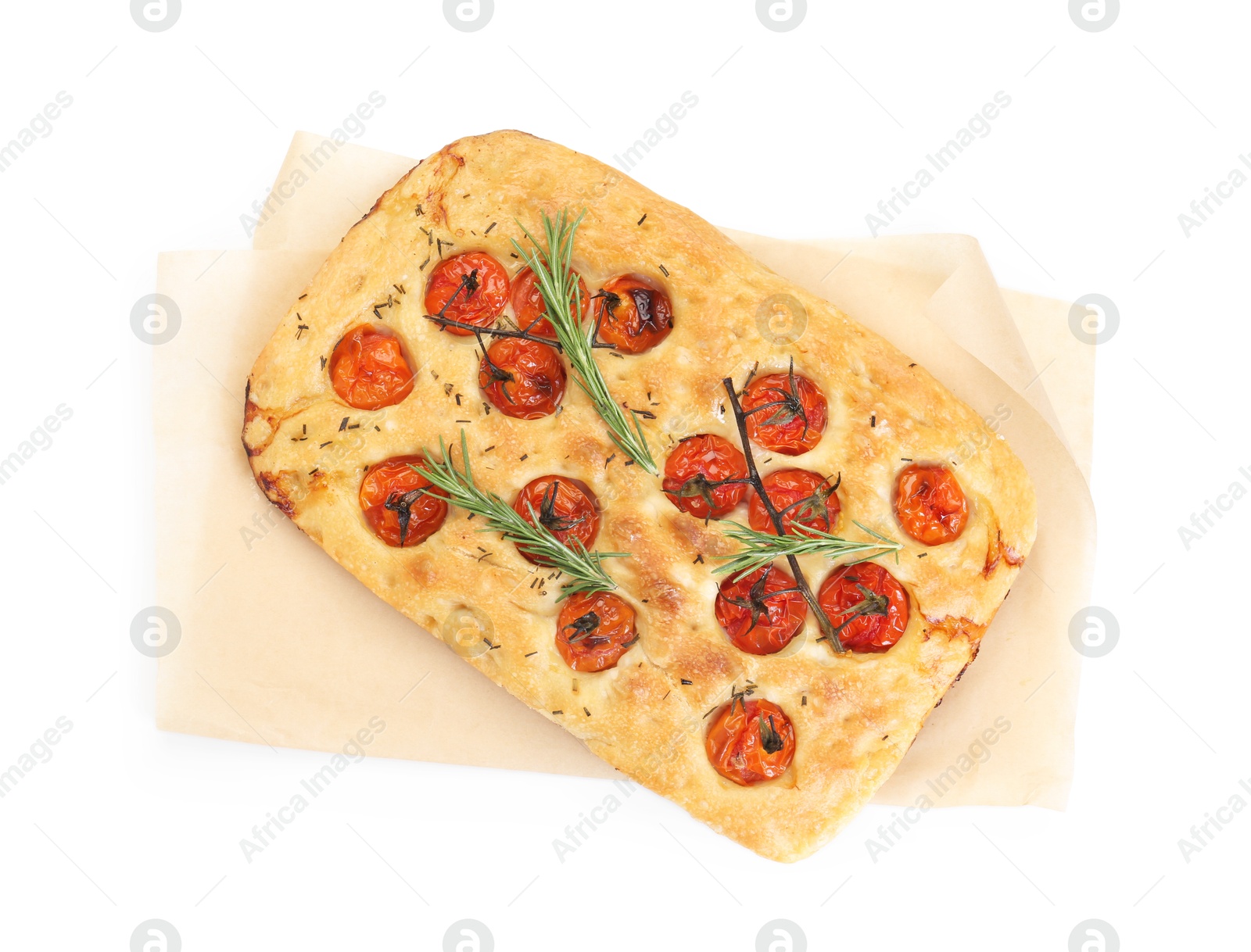 Delicious focaccia with tomatoes and spices isolated on white, top view Photo of Delicious focaccia with tomatoes and spices isolated on white, top view