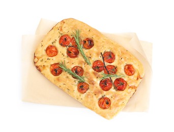 Photo of Delicious focaccia with tomatoes and spices isolated on white, top view