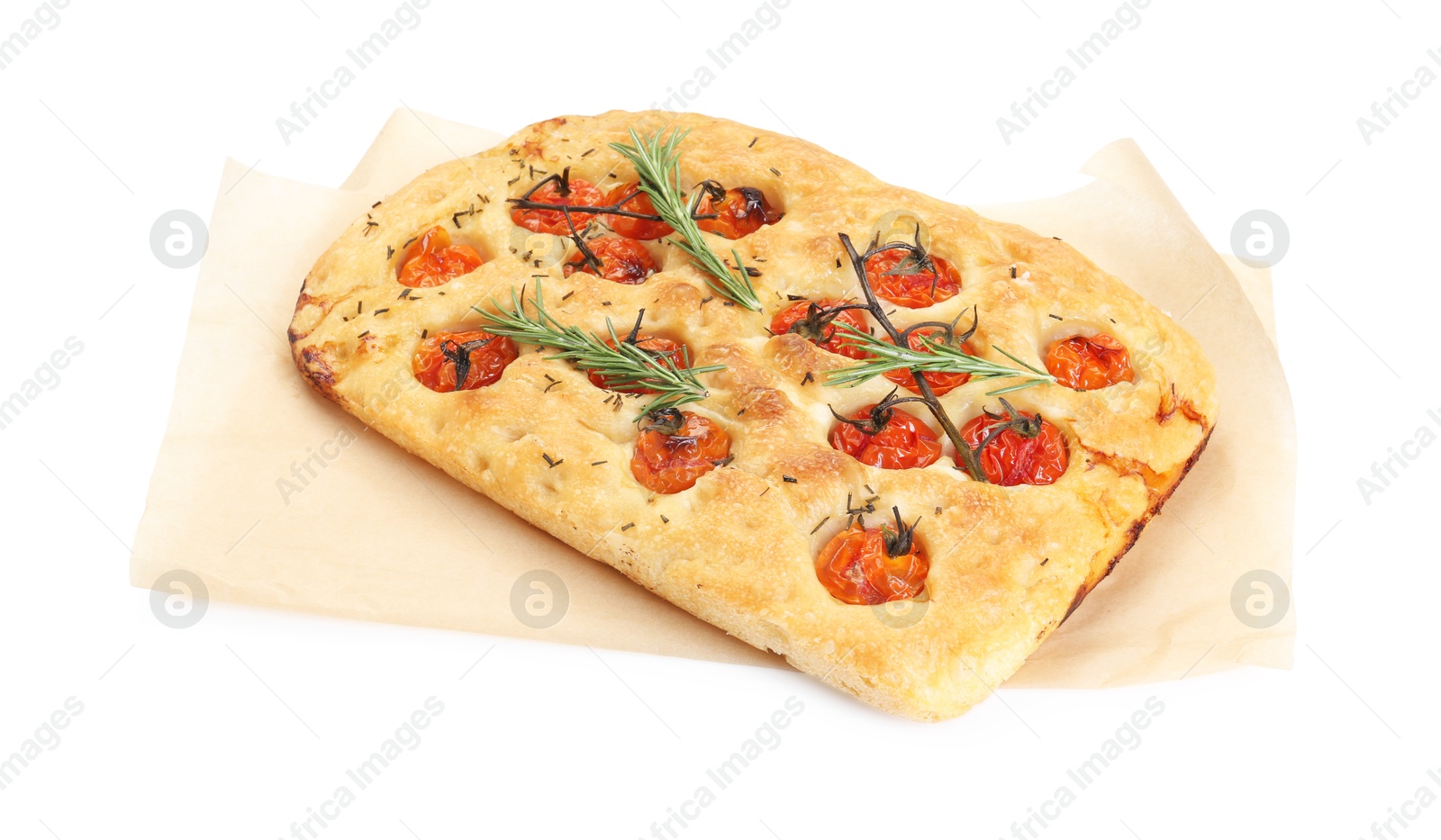 Delicious focaccia with tomatoes and spices isolated on white Photo of Delicious focaccia with tomatoes and spices isolated on white