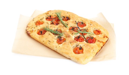 Photo of Delicious focaccia with tomatoes and spices isolated on white