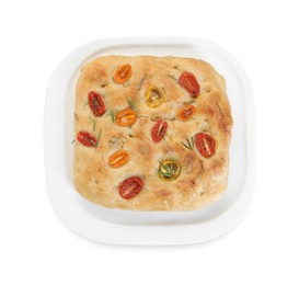 Photo of Delicious focaccia with tomatoes and rosemary isolated on white, top view