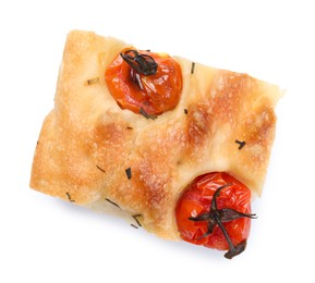 Photo of Piece of delicious focaccia with tomatoes and spices isolated on white, top view