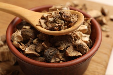 Photo of Pieces of dry chicory roots in bowl and spoon on table, closeup