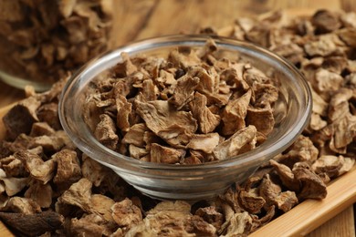 Photo of Pieces of dry chicory roots in bowl on table, closeup
