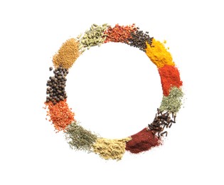 Photo of Many different spices isolated on white, top view