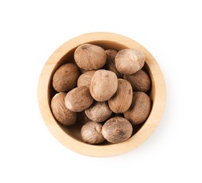 Photo of Nutmegs in bowl isolated on white, top view