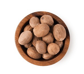 Photo of Nutmegs in bowl isolated on white, top view