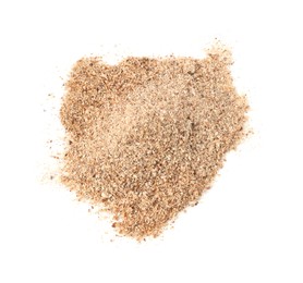 Photo of Pile of nutmeg powder isolated on white, above view