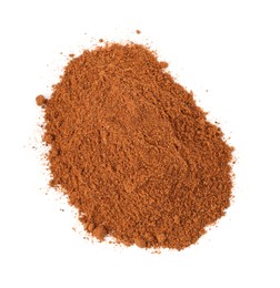Photo of Pile of nutmeg powder isolated on white, above view