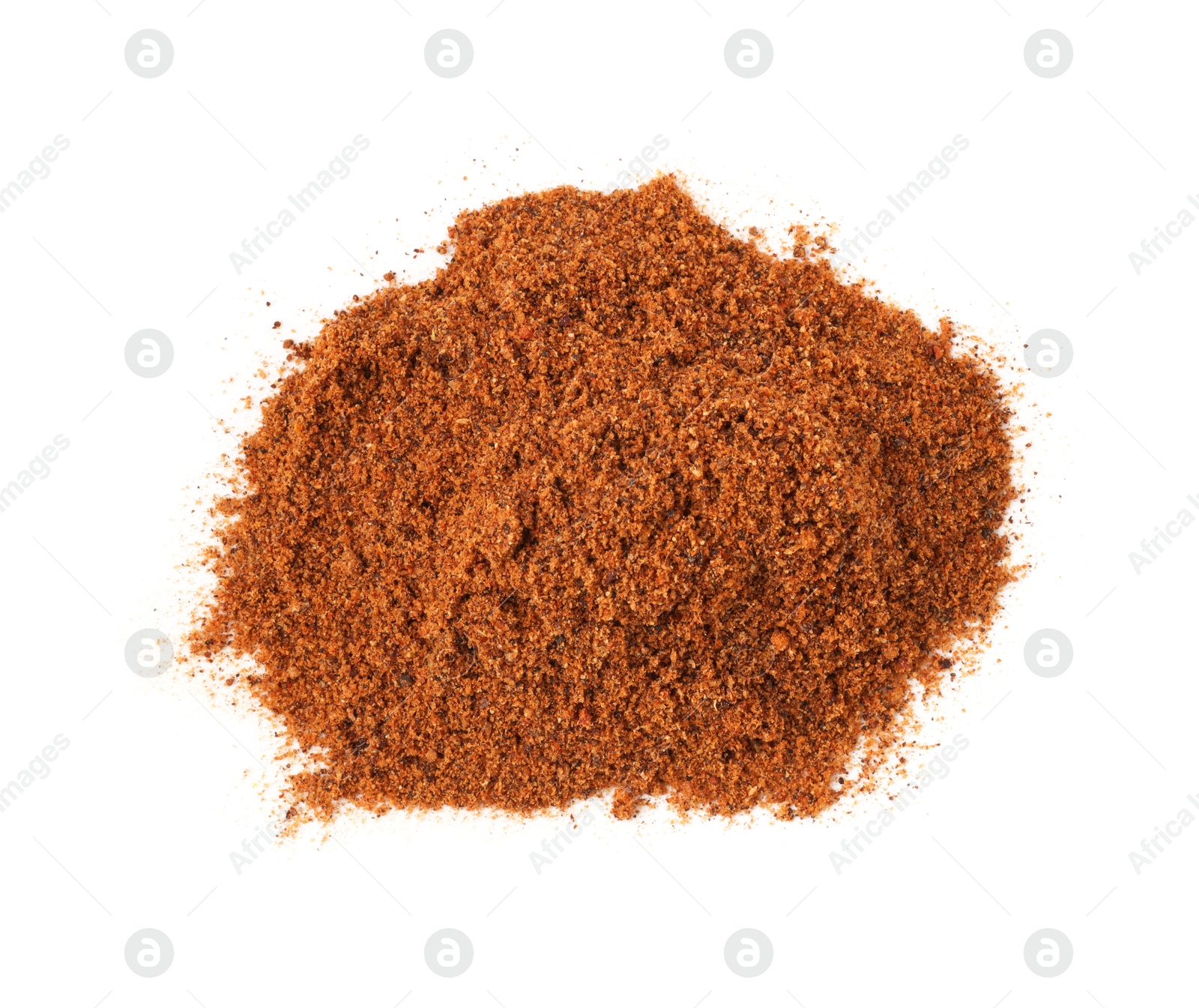 Pile of nutmeg powder isolated on white, above view Photo of Pile of nutmeg powder isolated on white, above view
