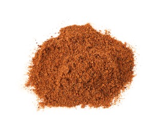 Photo of Pile of nutmeg powder isolated on white, above view
