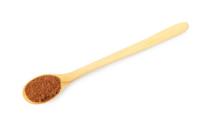 Photo of Nutmeg powder in spoon isolated on white, top view