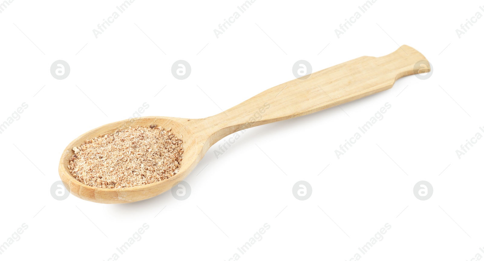 Photo of Nutmeg powder in spoon isolated on white