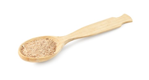 Photo of Nutmeg powder in spoon isolated on white