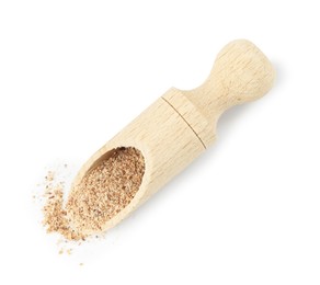 Photo of Nutmeg powder in scoop isolated on white, top view