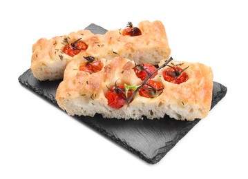 Photo of Pieces of delicious focaccia with tomatoes and spices isolated on white