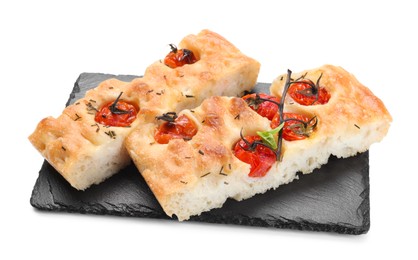 Photo of Pieces of delicious focaccia with tomatoes and spices isolated on white