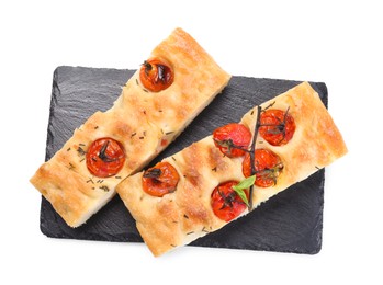 Photo of Pieces of delicious focaccia with tomatoes and spices isolated on white, top view