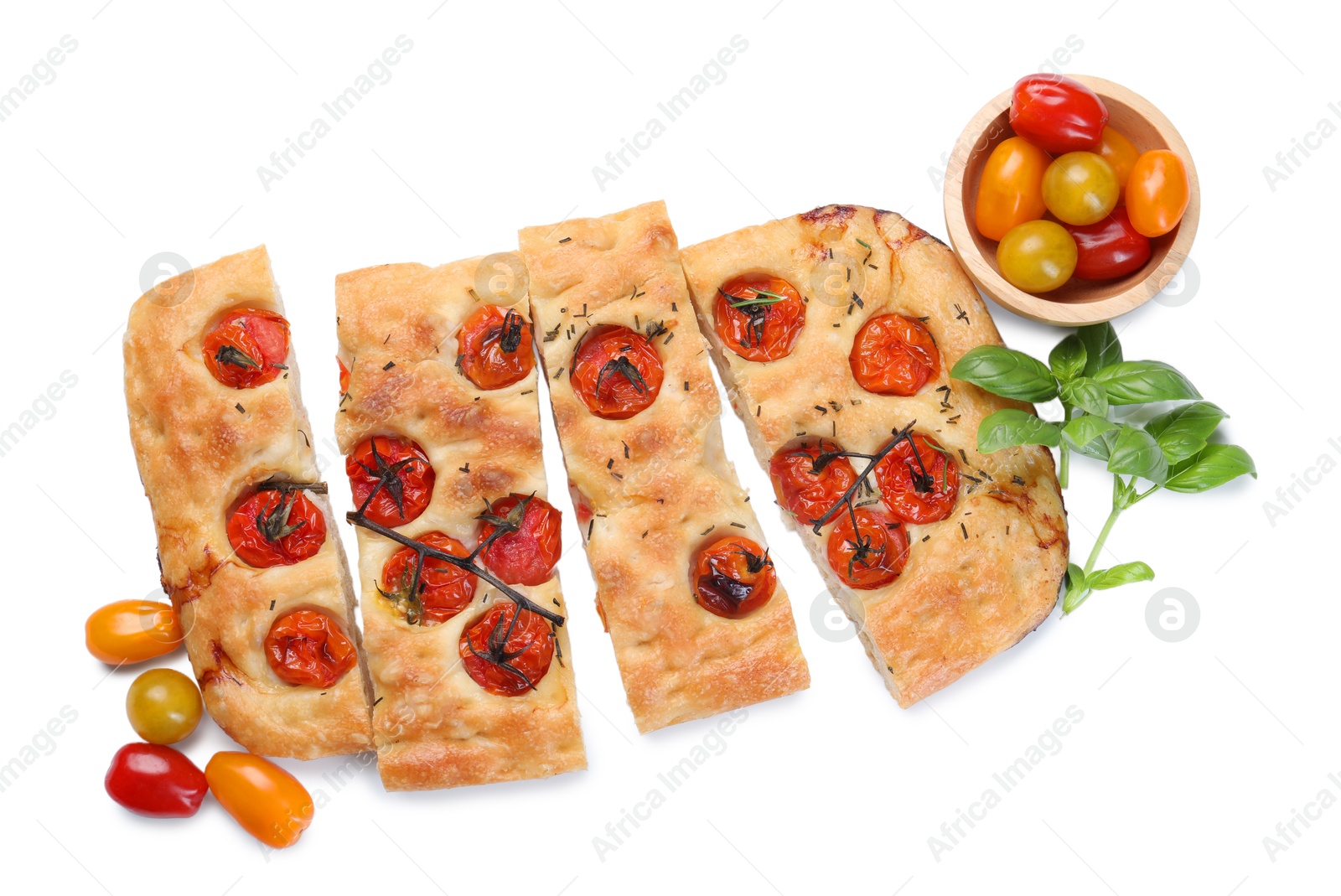 Cut delicious focaccia with tomatoes and spices isolated on white, top view Photo of Cut delicious focaccia with tomatoes and spices isolated on white, top view