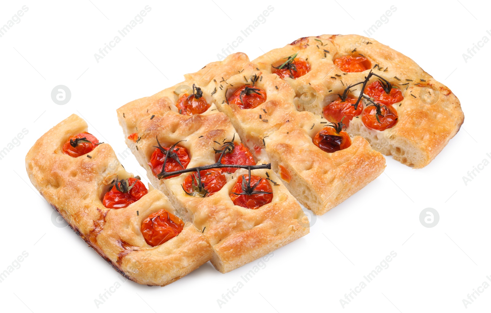Cut delicious focaccia with tomatoes and spices isolated on white Photo of Cut delicious focaccia with tomatoes and spices isolated on white