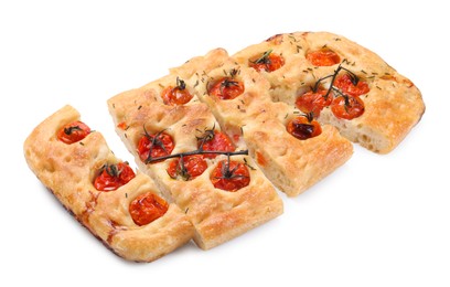 Photo of Cut delicious focaccia with tomatoes and spices isolated on white