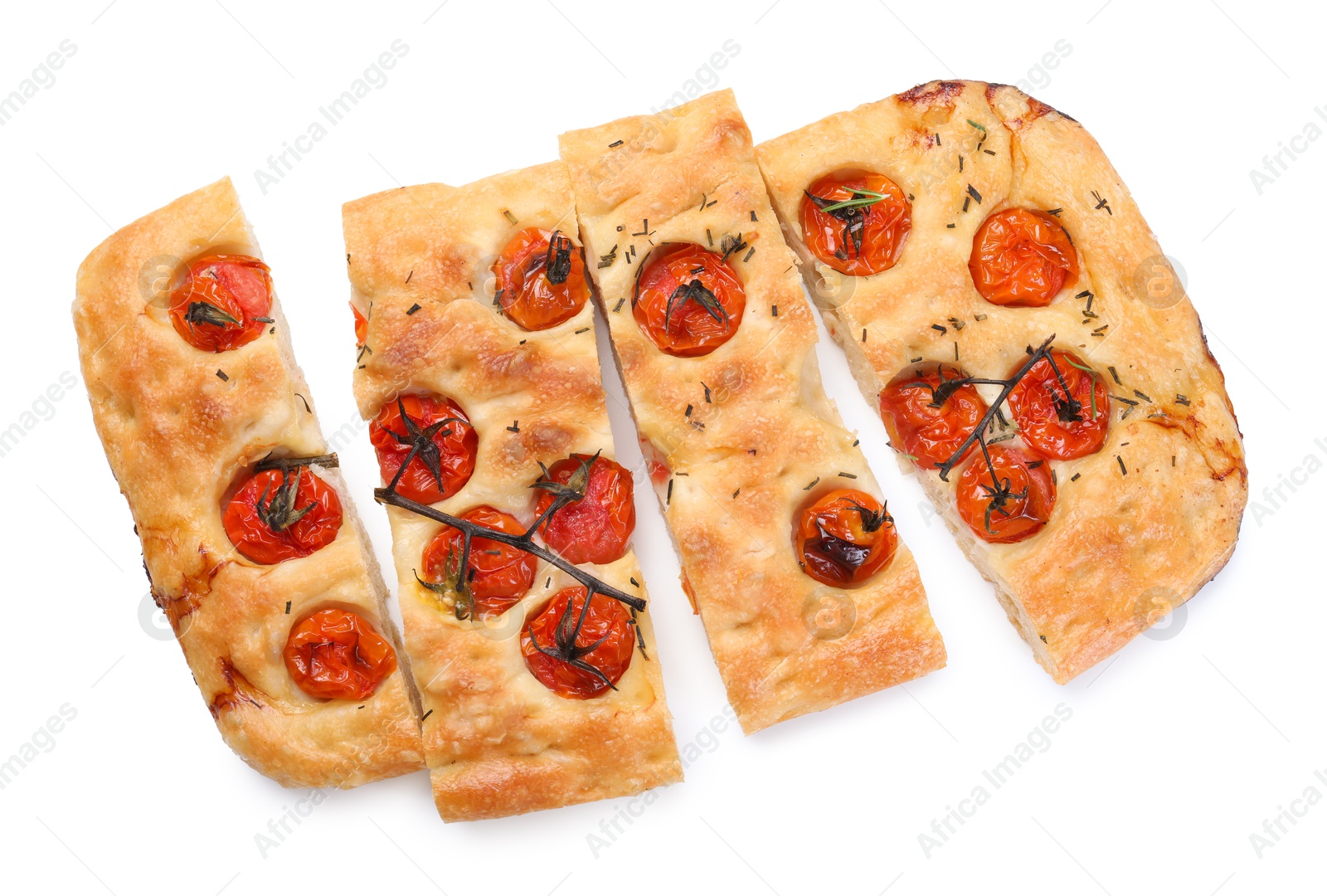 Cut delicious focaccia with tomatoes and spices isolated on white, top view Photo of Cut delicious focaccia with tomatoes and spices isolated on white, top view