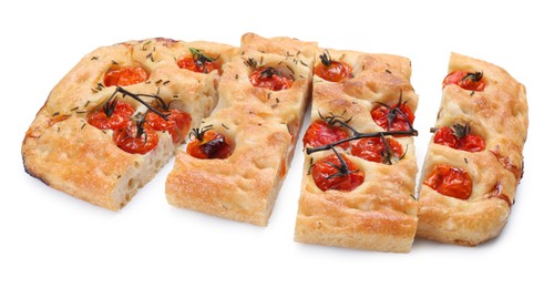 Photo of Cut delicious focaccia with tomatoes and spices isolated on white