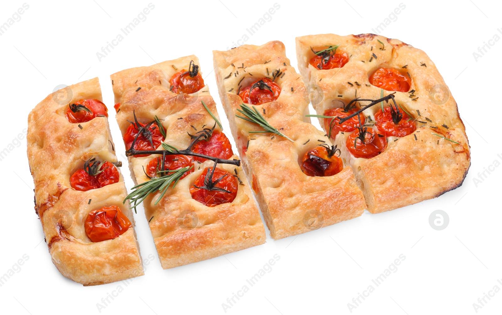 Cut delicious focaccia with tomatoes and spices isolated on white Photo of Cut delicious focaccia with tomatoes and spices isolated on white