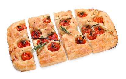 Photo of Cut delicious focaccia with tomatoes and spices isolated on white