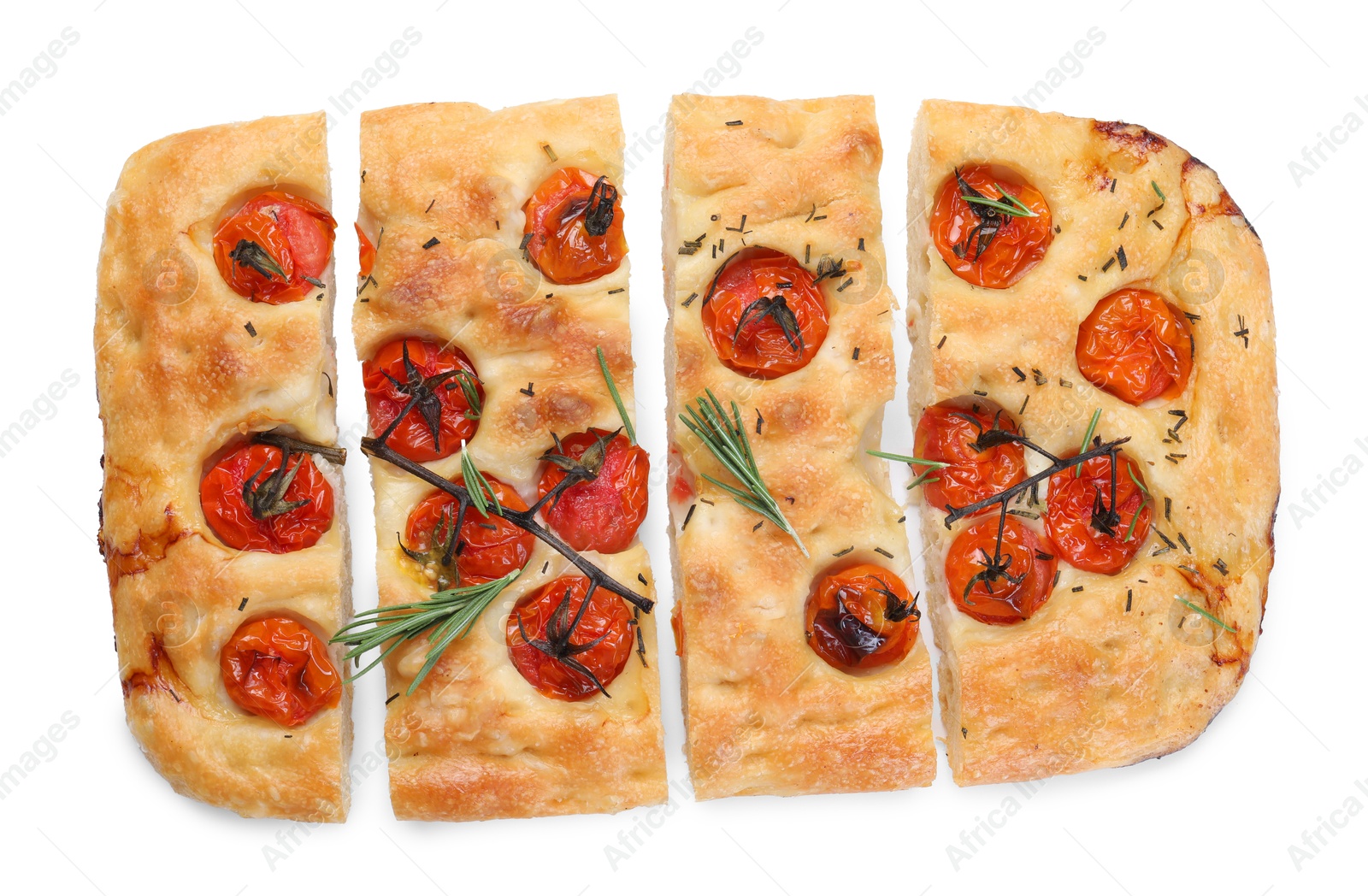 Cut delicious focaccia with tomatoes and spices isolated on white, top view Photo of Cut delicious focaccia with tomatoes and spices isolated on white, top view
