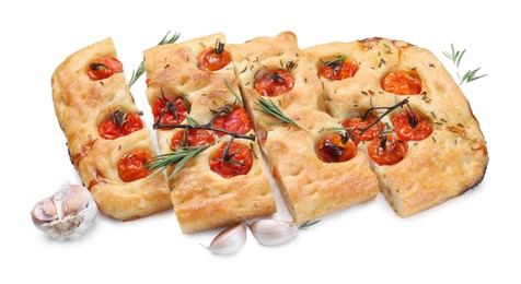 Photo of Cut delicious focaccia with tomatoes and spices isolated on white