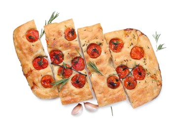 Photo of Cut delicious focaccia with tomatoes and spices isolated on white, top view
