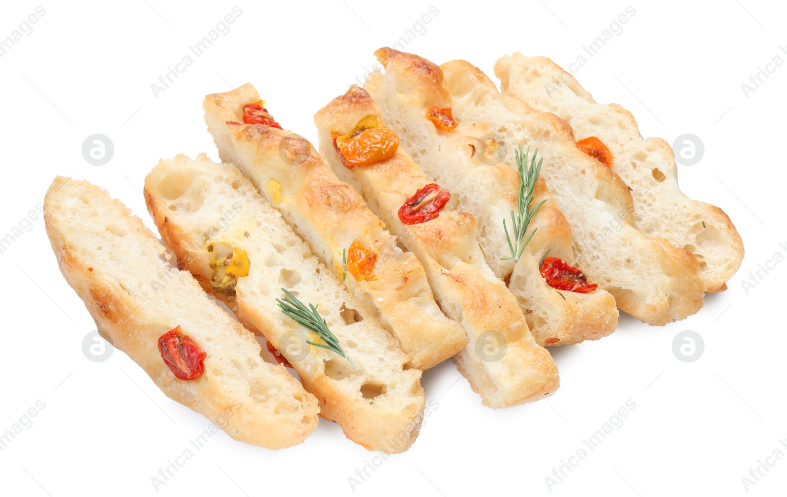 Cut delicious focaccia with tomatoes and rosemary isolated on white Photo of Cut delicious focaccia with tomatoes and rosemary isolated on white