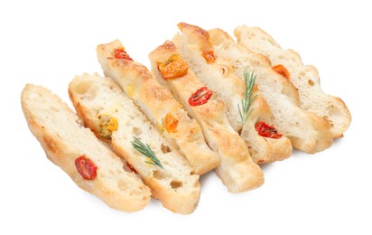 Photo of Cut delicious focaccia with tomatoes and rosemary isolated on white