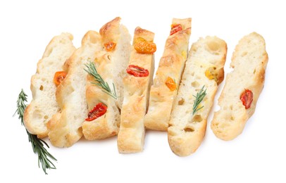 Photo of Cut delicious focaccia with tomatoes and rosemary isolated on white