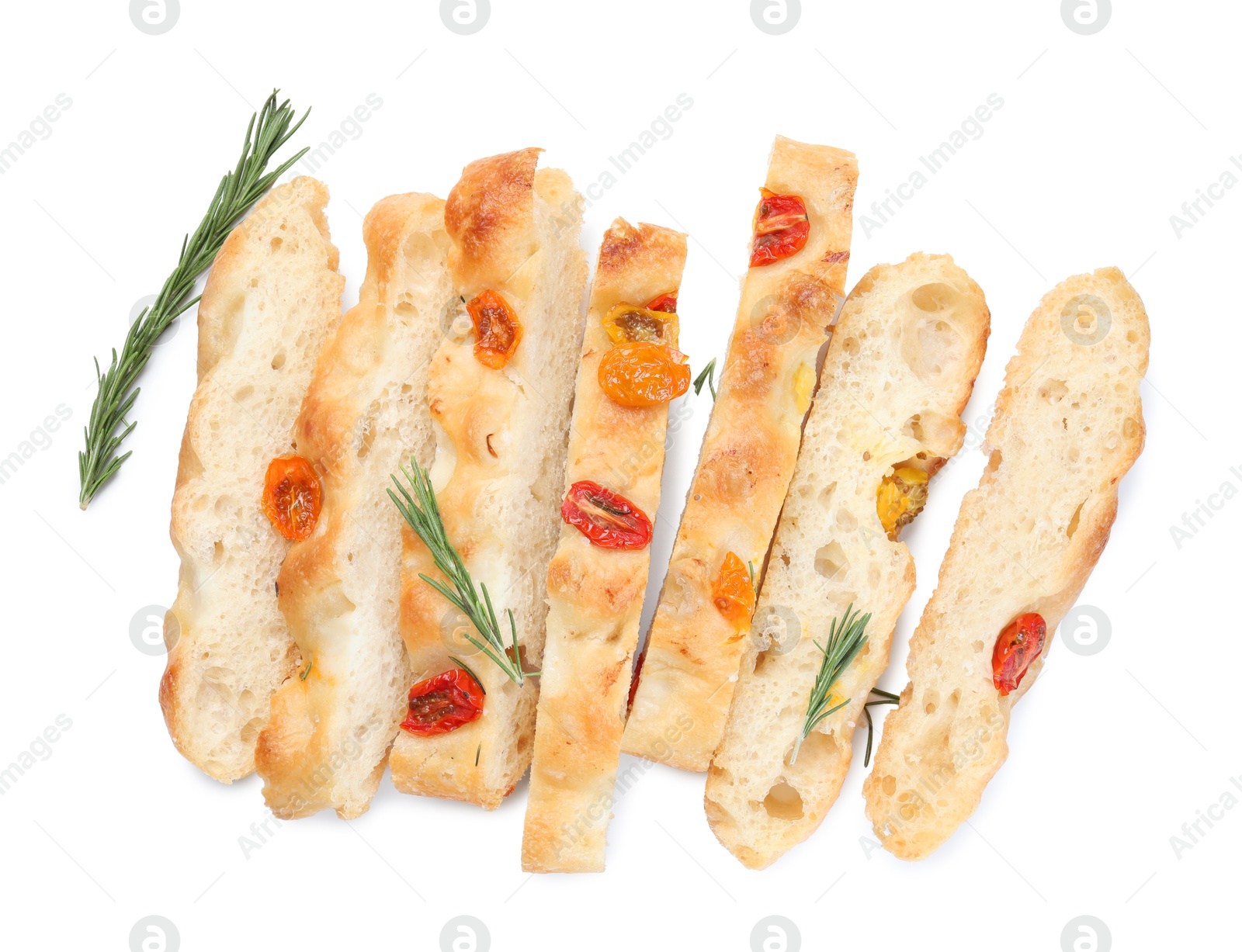 Cut delicious focaccia with tomatoes and rosemary isolated on white, top view Photo of Cut delicious focaccia with tomatoes and rosemary isolated on white, top view