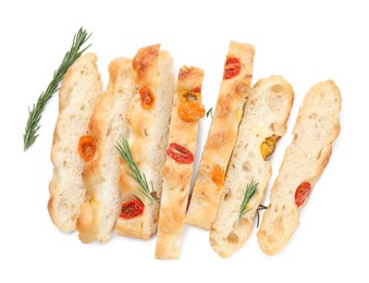 Photo of Cut delicious focaccia with tomatoes and rosemary isolated on white, top view