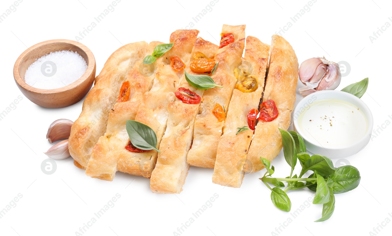 Cut delicious focaccia with tomatoes, spices and oil isolated on white Photo of Cut delicious focaccia with tomatoes, spices and oil isolated on white