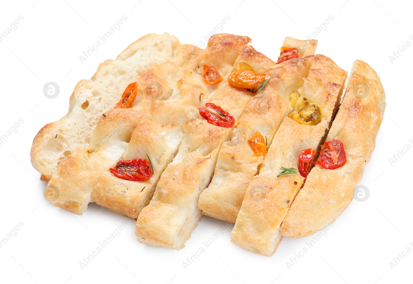 Cut delicious focaccia with tomatoes isolated on white Photo of Cut delicious focaccia with tomatoes isolated on white