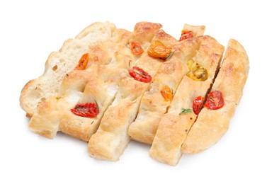 Photo of Cut delicious focaccia with tomatoes isolated on white