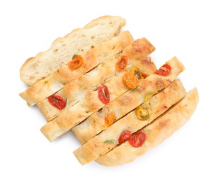 Photo of Cut delicious focaccia with tomatoes isolated on white, top view
