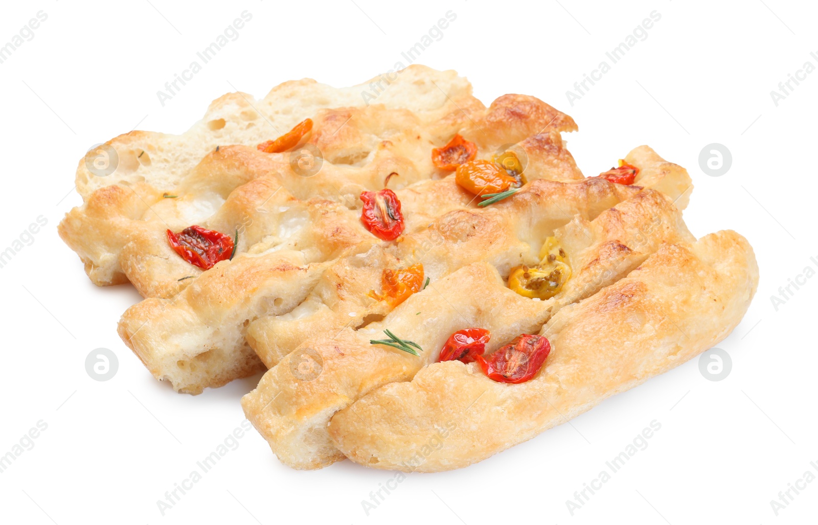 Cut delicious focaccia with tomatoes isolated on white Photo of Cut delicious focaccia with tomatoes isolated on white