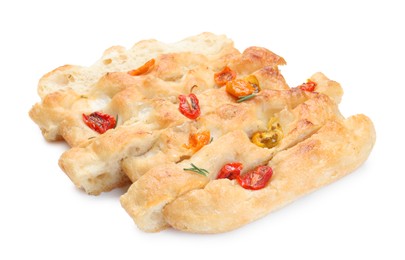 Photo of Cut delicious focaccia with tomatoes isolated on white