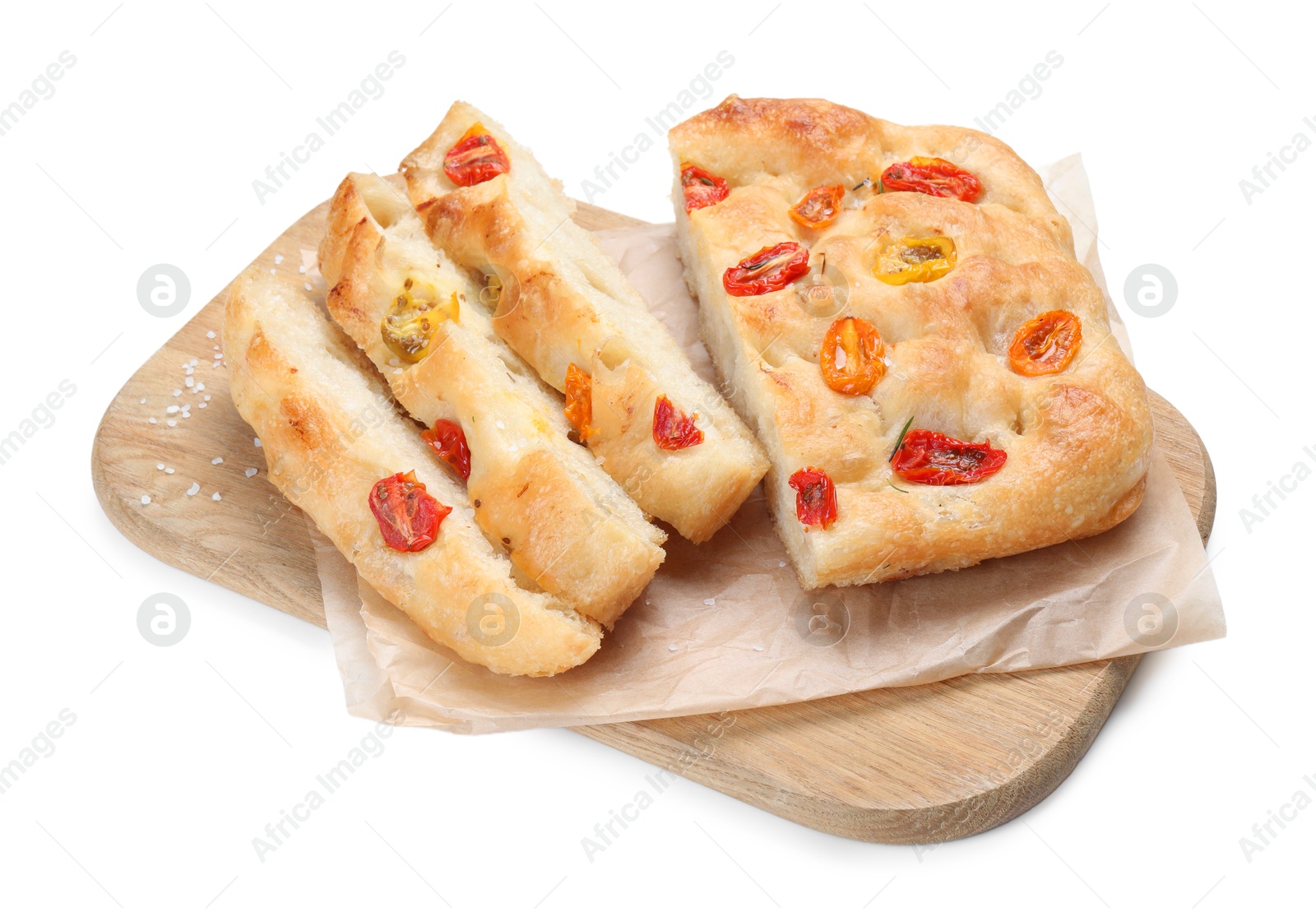 Pieces of delicious focaccia with tomatoes isolated on white Photo of Pieces of delicious focaccia with tomatoes isolated on white