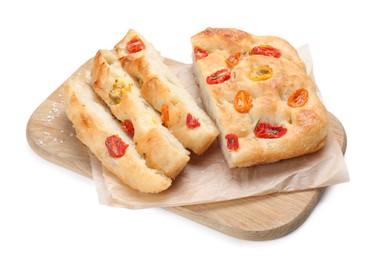 Photo of Pieces of delicious focaccia with tomatoes isolated on white