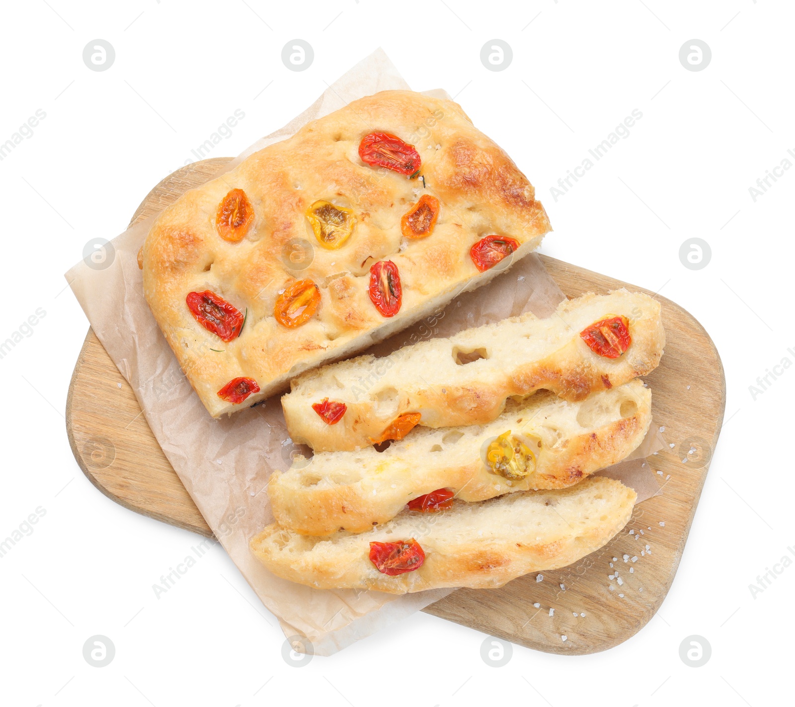 Pieces of delicious focaccia with tomatoes isolated on white, top view Photo of Pieces of delicious focaccia with tomatoes isolated on white, top view
