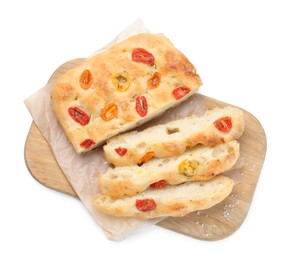 Photo of Pieces of delicious focaccia with tomatoes isolated on white, top view