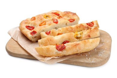 Photo of Pieces of delicious focaccia with tomatoes isolated on white